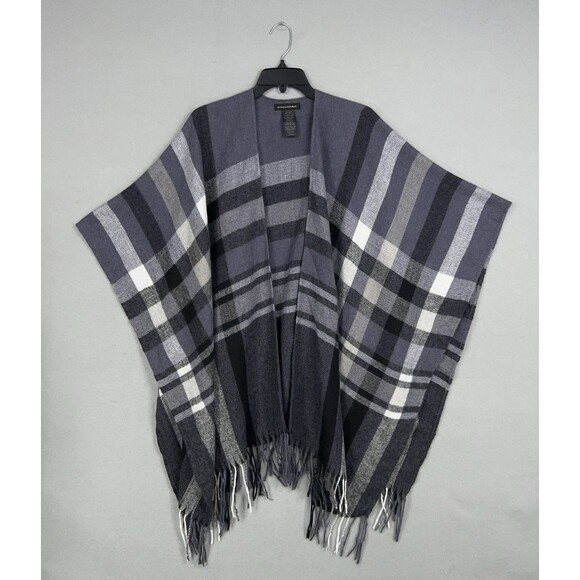 Banana Republic Poncho Womens One Size Plaid Fringe Skylar Wrap Cashmere Wool - Picture 1 of 12